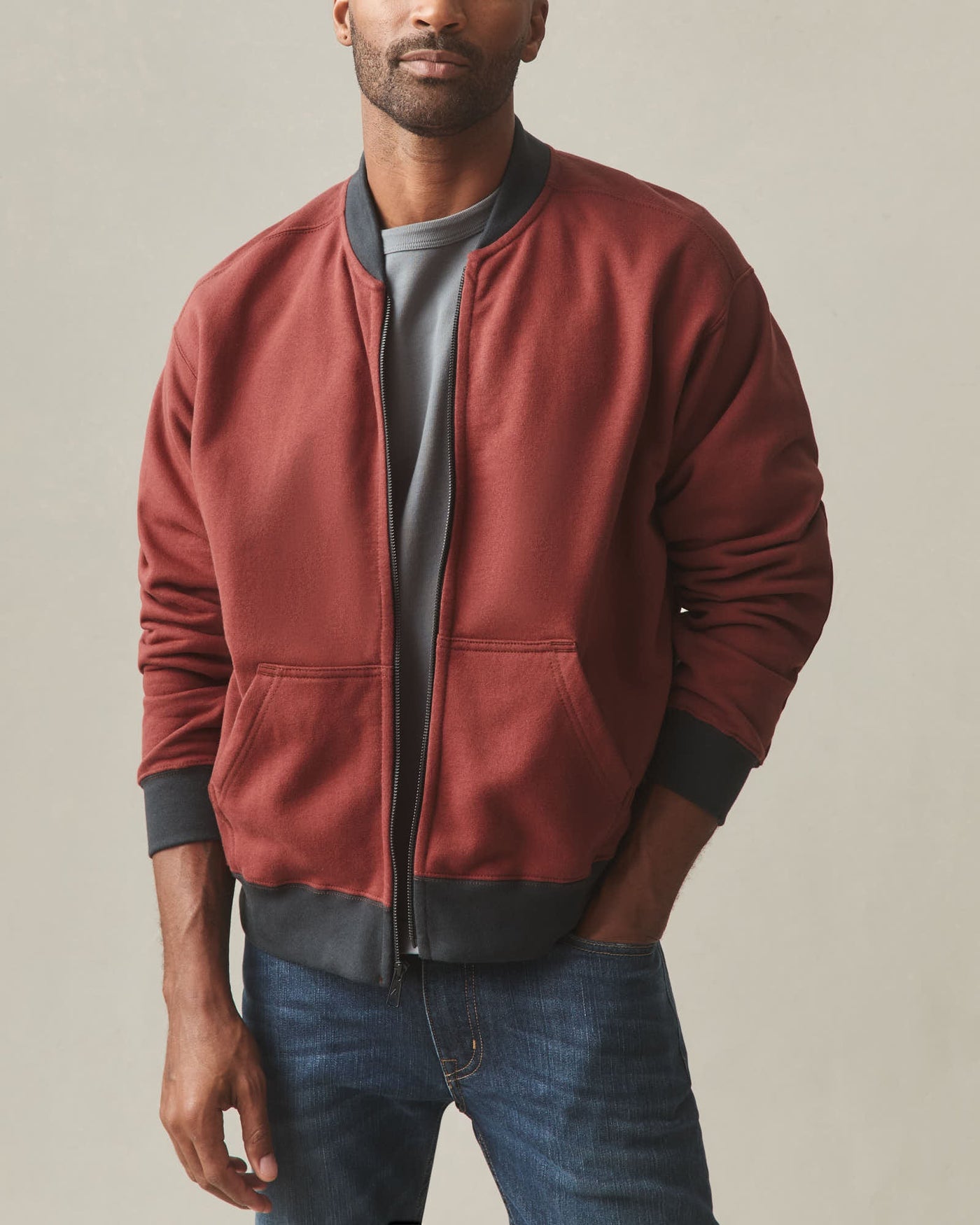 Men's Fleece Bomber Jacket - Russet Brown Black