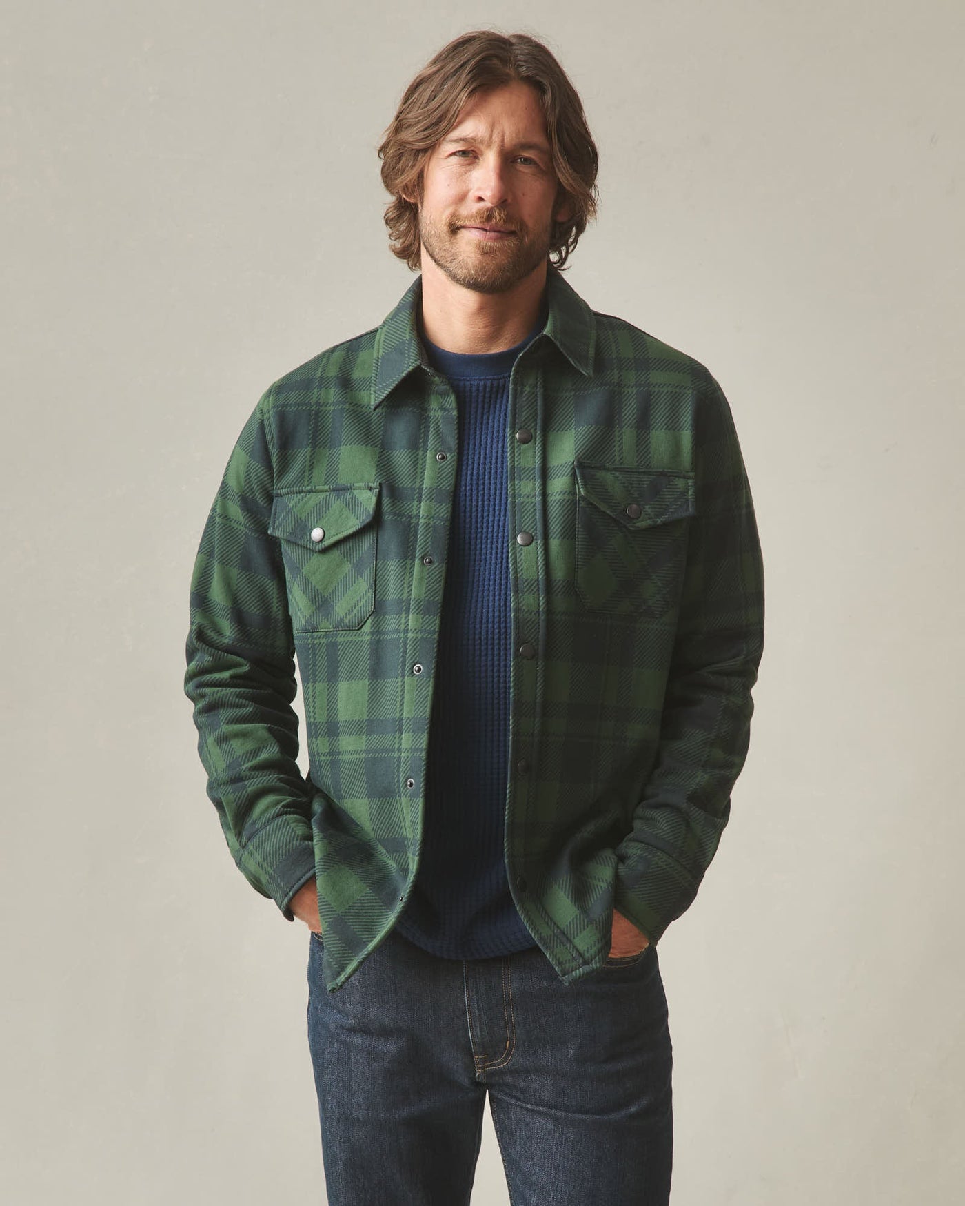 Unisex Redwood Fleece Overshirt - Green Moss Plaid