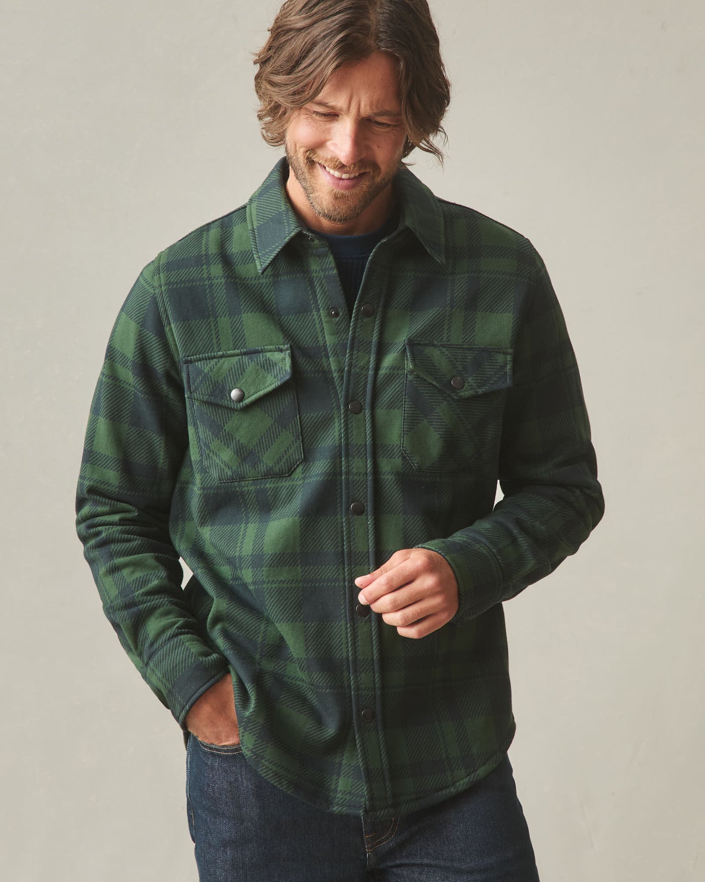 Unisex Redwood Fleece Overshirt - Green Moss Plaid