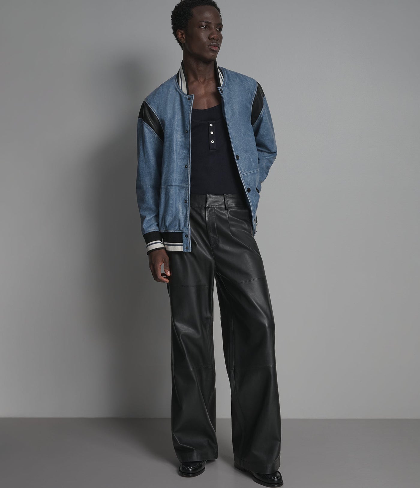 Simon Leather Denim Letterman Jacket